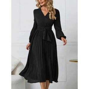 Kadın Uzun Kollu Kruvaze Yaka Belinde Toka Detaylı Pileli Uzun Ithal Krep Elbise