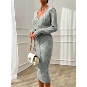 Kadın Uzun Kollu Kruvaze Yaka Triko Midi Boy Elbise
