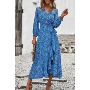 Kadın Uzun Kollu Kruvaze Yaka Yandan Bağlamalı önden Fırfır Detaylı Süprem Uzun Elbise