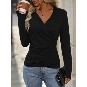 Kadın Uzun Kollu Kruvaze Yaka Yanlardan Büzgülü Viskon Bluz