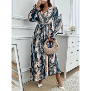 Kadın Uzun Kollu Kruvaze Yakalı Beli Kuşaklı Desenli Süprem Maxi Elbise