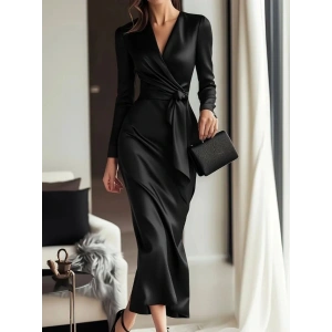 Kadın Uzun Kollu Kruvaze Yakalı Beli Kuşaklı Uzun Saten Elbise