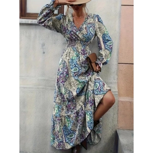 Kadın Uzun Kollu Kruvaze Yakalı Desenli Süprem Maxi Elbise