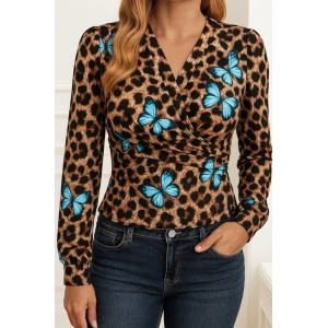 Kadın Uzun Kollu Kruvaze Yakalı Kelebek Desenli şardonlu Dalgıç Bluz