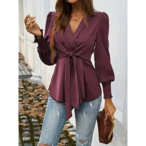 Kadın Uzun Kollu Kruvaze Yakalı önden Bağlamalı Ithal Krep Bluz