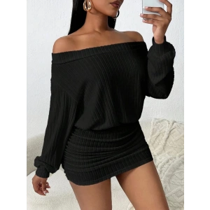 Kadın Uzun Kollu Madonna Yaka Yanlardan Büzgülü şardonlu Kaşkorse Mini Elbise