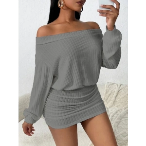 Kadın Uzun Kollu Madonna Yaka Yanlardan Büzgülü şardonlu Kaşkorse Mini Elbise