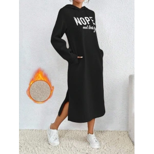 Kadın Uzun Kollu Nope Yazılı Kapüşonlu Yırmaç Detay Midi Boy Elbise