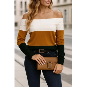 Kadın Uzun Kollu Omuzlardan Açık Uzun Kollu Blok çizgili Triko Bluz