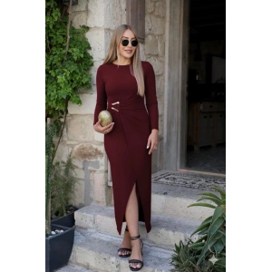 Kadın Uzun Kollu önden çapraz Detaylı Yandan Toka Detaylı Uzun Sandy Elbise