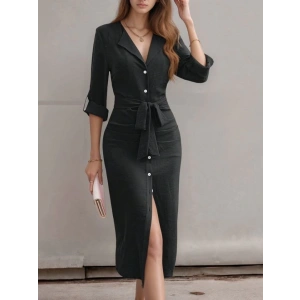 Kadın Uzun Kollu önden Düğmeli Beli Kuşaklı Aerobin Midi Elbise