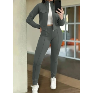 Kadın Uzun Kollu önden Fermuarlı Kısa Modal Ceket Ve Pantolon Ikili Takım