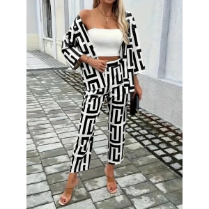 Kadın Uzun Kollu önü Açık Desenli Iki Iplik Ceket Ve Pantolon Ikili Takım