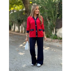 Kadın Uzun Kollu Ribanali Cep Detay Hırka Ve Bol Paça Pantolon Ikili Takım