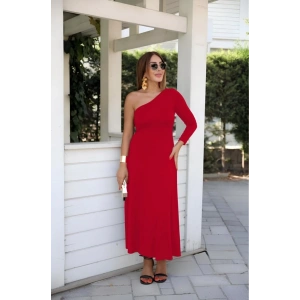 Kadın Uzun Kollu Tek Omuz Detay Krep Elbise
