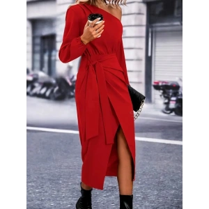 Kadın Uzun Kollu Tek Omuzu Açık Belden Kuşaklı önden çapraz Detaylı Krep Elbise