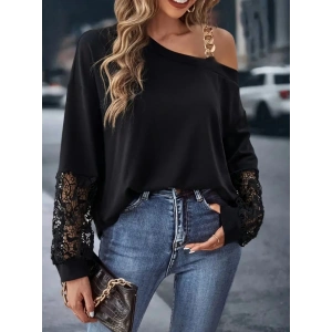 Kadın Uzun Kollu Tek Omuzu Açık Dantelli Viskon Iki Iplik Bluz
