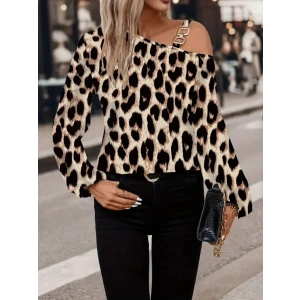 Kadın Uzun Kollu Tek Omuzu Açık Tokalı Leopar Desenli Modal Bluz