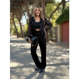 Kadın Uzun Kollu Tül Detaylı önü Düğmeli Viskon Iki Iplik Ceket Ve Pantolon Ikili Takım