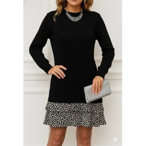 Kadın Uzun Kollu üst şardonlu Kaşkorse Alt Süprem Desenli Elbise