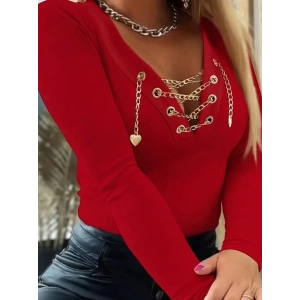 Kadın Uzun Kollu V çapraz Zincir Detaylı Kaşkorse Bluz