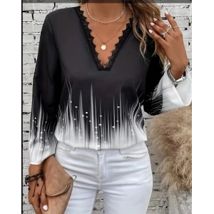 Kadın Uzun Kollu V Dantel Yaka Desenli Modal Bluz