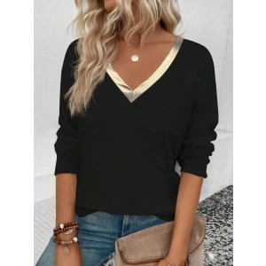 Kadın Uzun Kollu V Parlak Yaka Detaylı Viskon Bluz