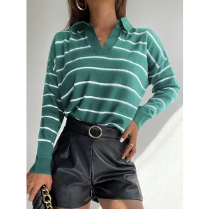 Kadın Uzun Kollu V Yaka çizgili Triko Bluz