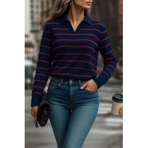 Kadın Uzun Kollu V Yaka çizgili Triko Bluz
