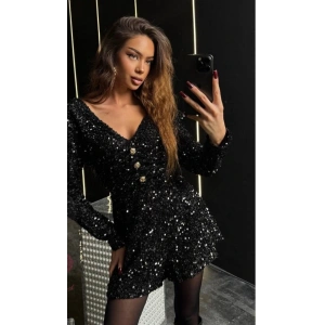 Kadın Uzun Kollu V Yaka Düğme Detay Ful Pul Payet Elbise