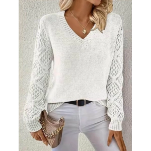 Kadın Uzun Kollu V Yaka Kol Delikli Baklava Desen Detaylı Triko Kazak