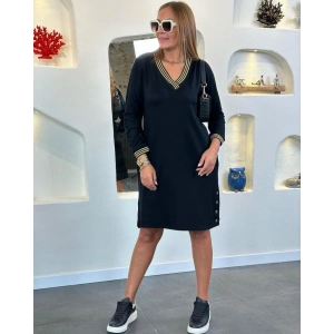 Kadın Uzun Kollu V Yaka Kol Ve Yaka Ribanalı Etek çıtçıt Detay Iki Iplik Elbise