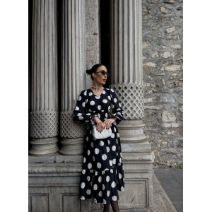 Kadın Uzun Kollu V Yakalı Beli Lastikli Puantiyeli Uzun Krep Elbise