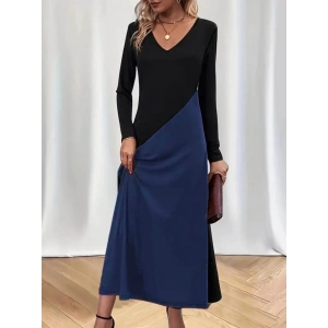 Kadın Uzun Kollu V Yakalı Blok Desenli Viskon Elbise