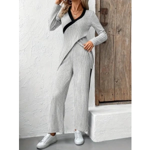 Kadın Uzun Kollu V Yakalı çapraz Detaylı şardonlu Kaşkorse Bluz Ve Pantolon Ikili Takım