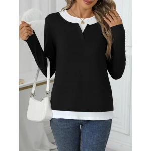 Kadın Uzun Kollu V Yakalı çift Renkli Viskon Iki Iplik Bluz