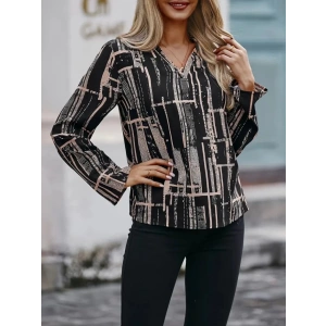 Kadın Uzun Kollu V Yakalı Desenli Dalgıç Bluz