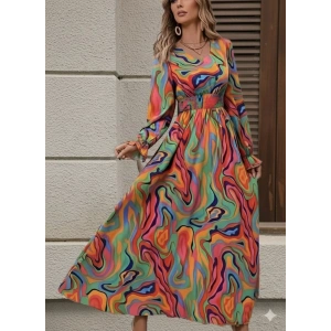 Kadın Uzun Kollu V Yakalı Desenli Maxi Süprem Elbise