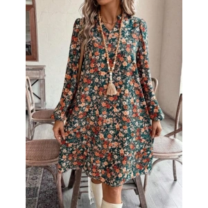 Kadın Uzun Kollu V Yakalı Desenli Modal Mini Elbise