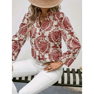 Kadın Uzun Kollu V Yakalı Desenli önü Düğmeli Ithal Keten Bluz