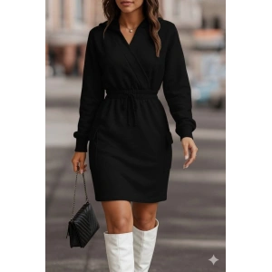 Kadın Uzun Kollu V Yakalı Kapşonlu Cep Detaylı şardonlu Iki Iplik Kısa Elbise