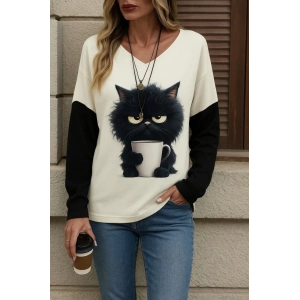 Kadın Uzun Kollu V Yakalı Kedi Baskılı şardonlu Dalgıç Bluz