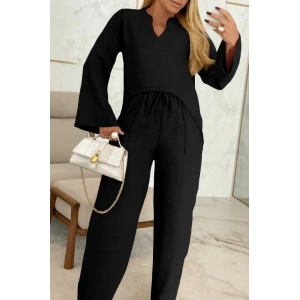 Kadın Uzun Kollu V Yakalı Keten Bluz Bağcıklı Pantolon Ikili Takım