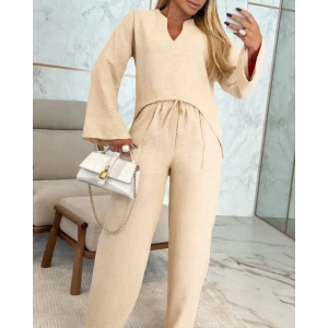 Kadın Uzun Kollu V Yakalı Keten Bluz Bağcıklı Pantolon Ikili Takım