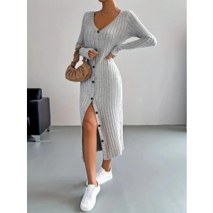 Kadın Uzun Kollu V Yakalı önden Düğmeli şardonlu Kaşkorse Elbise