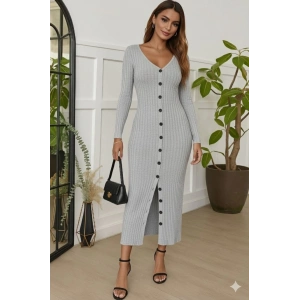 Kadın Uzun Kollu V Yakalı önden Düğmeli şardonlu Kaşkorse Elbise