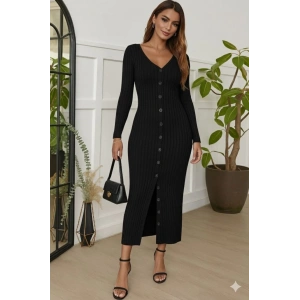 Kadın Uzun Kollu V Yakalı önden Düğmeli şardonlu Kaşkorse Elbise