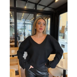 Kadın Uzun Kollu V Yakalı Pencere Sırt Dantel Detaylı Kalın Fitilli Kaşkorse Bluz