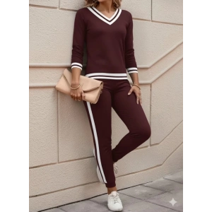Kadın Uzun Kollu V Yakalı Ribanalı Viskon Iki Iplik Bluz Ve Pantolon Ikili Takım