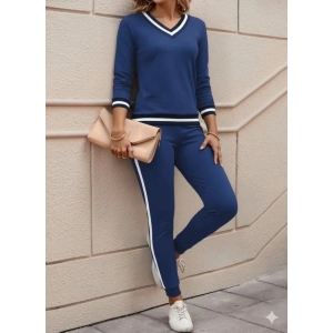 Kadın Uzun Kollu V Yakalı Ribanalı Viskon Iki Iplik Bluz Ve Pantolon Ikili Takım
